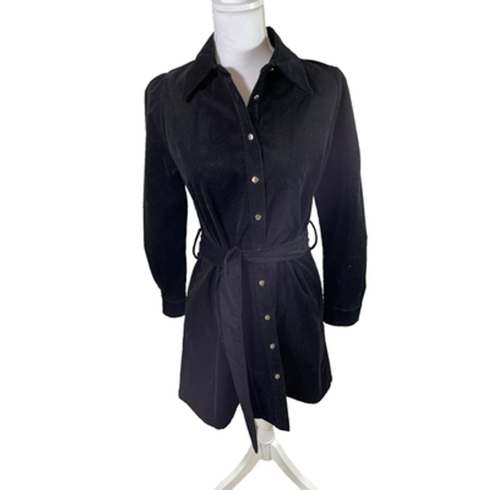 Zara Black Velvet Long Sleeve Belted Button Up Dress Sz XS